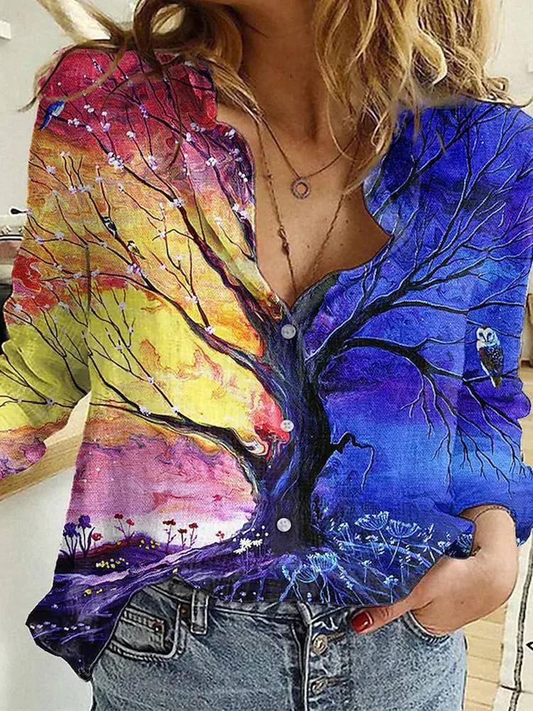 Shirts Women Floral Printed Leisure Loose Elegant Button Tops Blouses All-match Temperament Style Popular Cotton Polyester Shirt