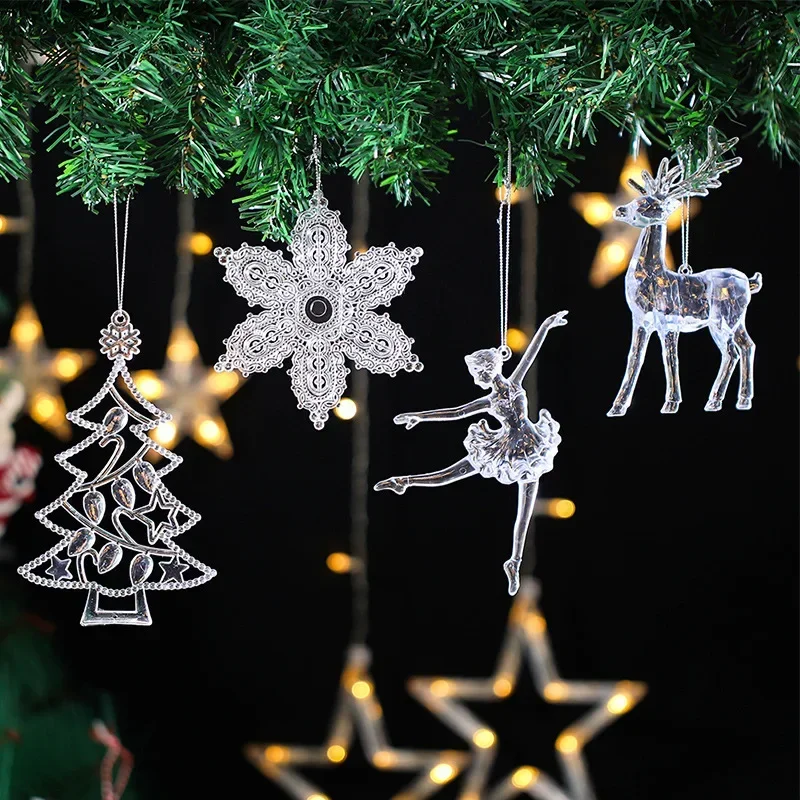 2Pcs Christmas Tree Decoration Ornaments Transparent Acrylic Shiny Star Bowknot Tree Hanging Pendants Xmas New Year Party Decor