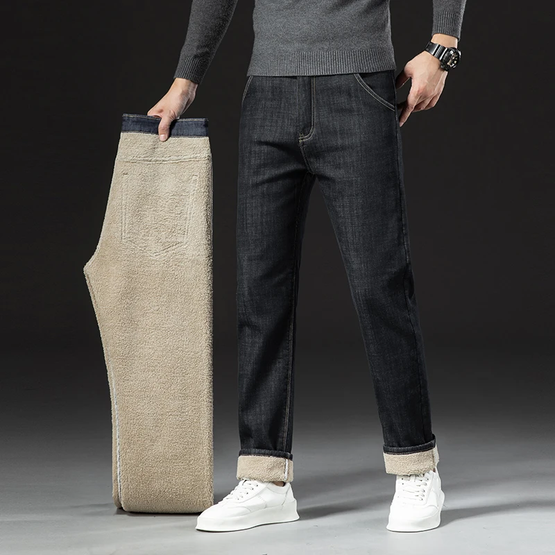 Classic Men's Business Casual Velvet Jeans 2024 New Winter Chinese Embroidery Straight Loose Warm and Comfortable Thick Pants 5