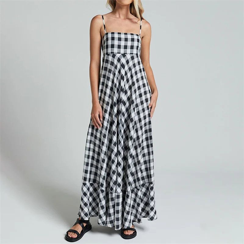 Summer Long Dresses Women Plaid Print Spaghetti Strap Sleeveless A Line Dresss Vacation Party Dresses Beachwear