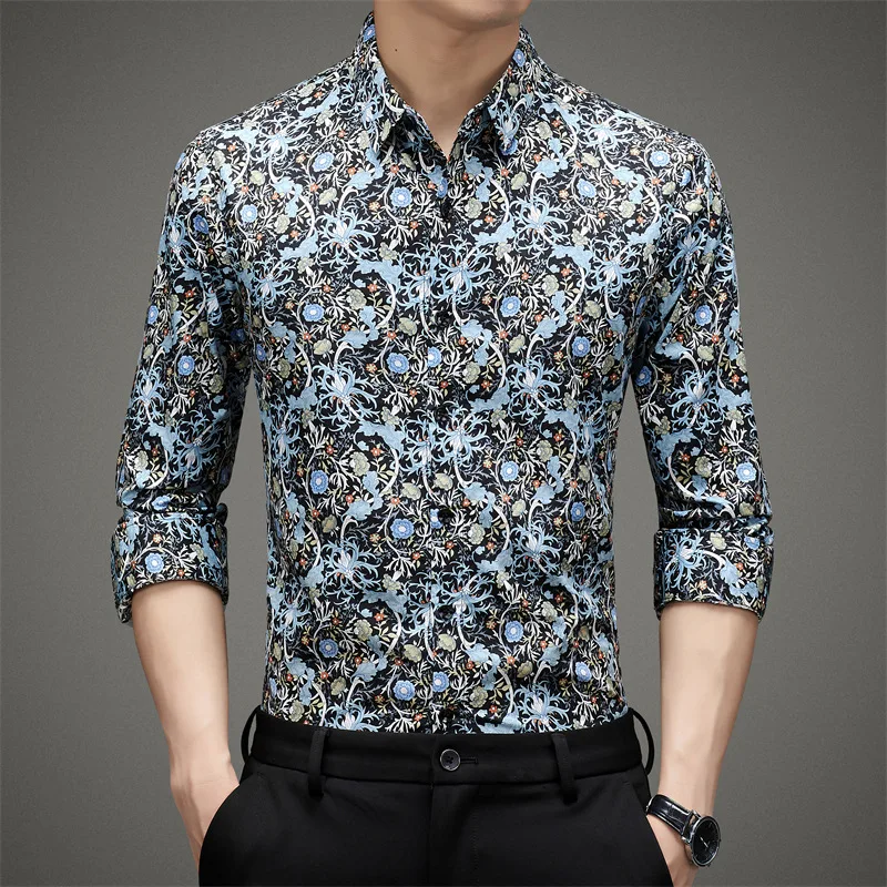 

High Quality Men's Pure Cotton Printing Clothes 2023 Spring Fashion Flowers Print Shirt Long Sleeve Male 100% Cotton Tops Dress