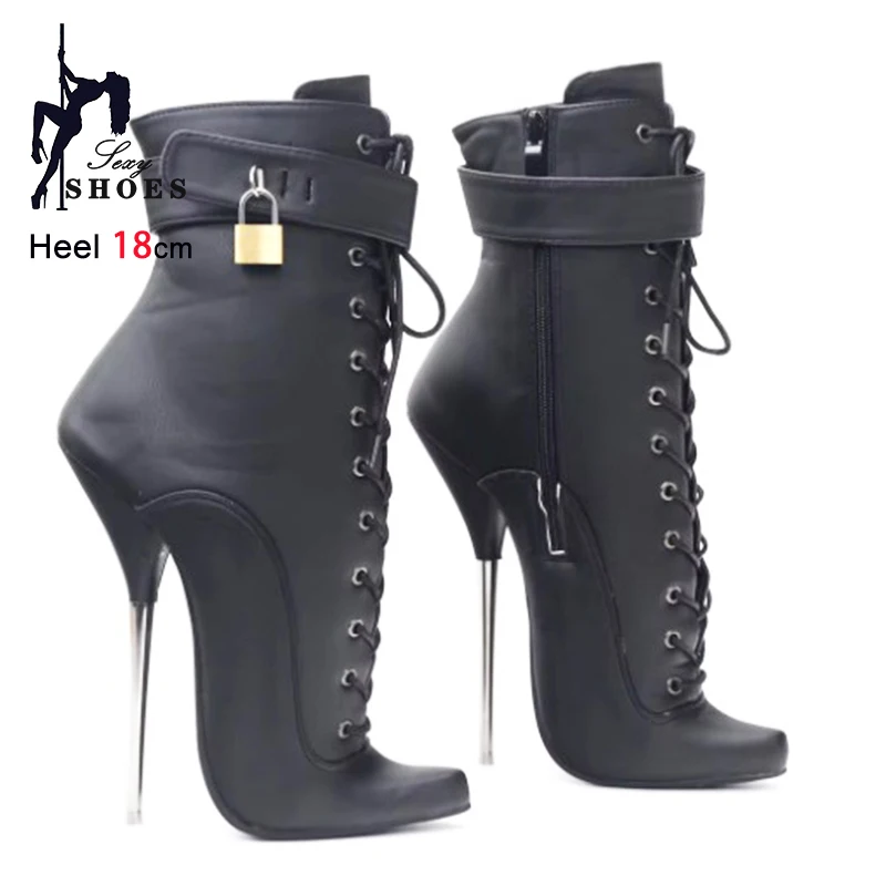 Black Ankle Boots 2025 New Super High Metal Fine Heel 18CM Pointed Lockable Short Boots Women Plus Size 44 45 46 Fetish Shoes