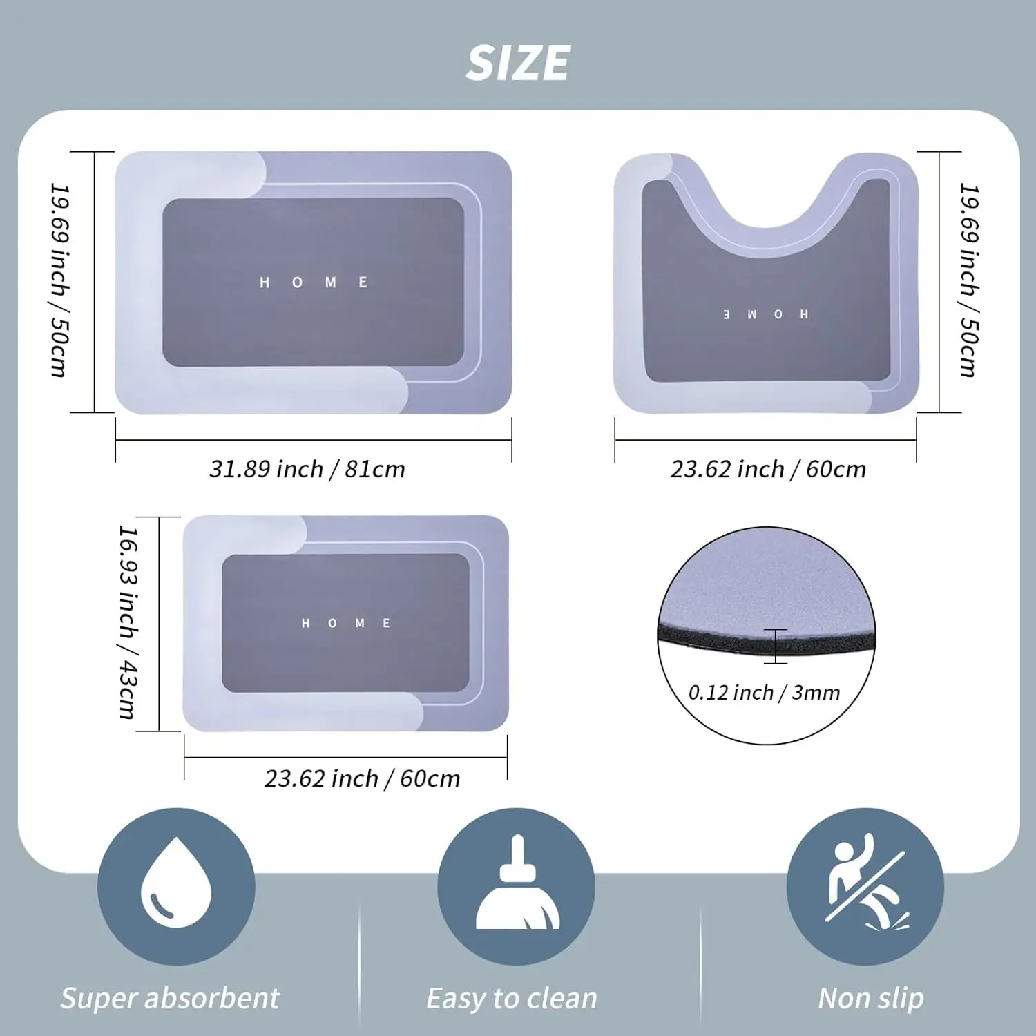 VIKAMA 3PCS Simple Diatomium Mud Bathroom Floor Mat U-Shaped Light Luxury Absorbent Non-Slip Foot Mat Drain Carpet