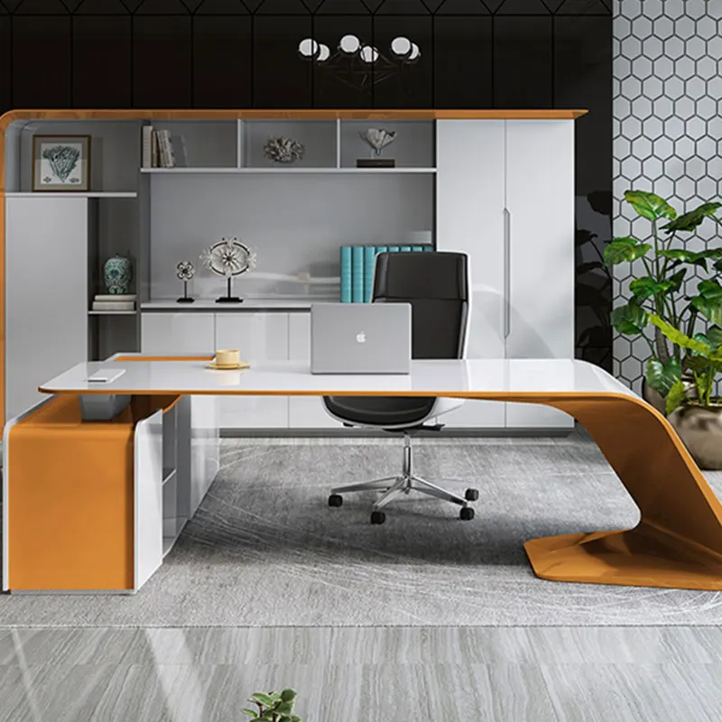 Durable Ceo Office Computer Desk Light Luxury Executive Workstation Office Table And Chair Set In White