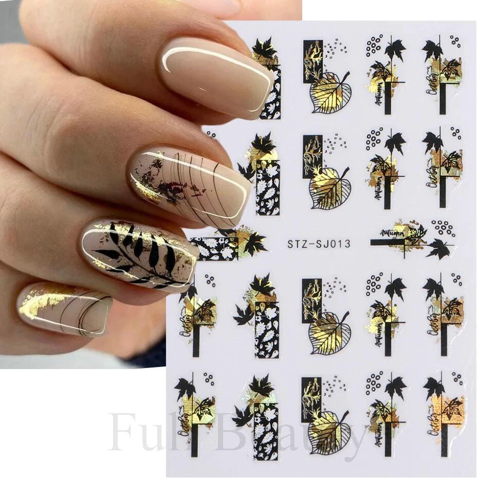 3D Golden Fall Nail Stickers Black Gold Leaf Cotton Flowers Transfer Decals Nail Adhesive Sliders Manicure New Design Decoration 2