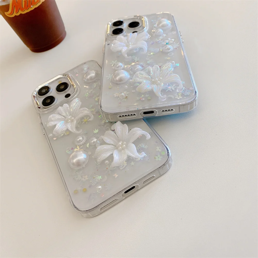 Transparent 3D Three Dimensional Flower Phone Case for iPhone 11 12 13 14 15 16 Pro Max Shockproof Cover Funda for iPhone Cases