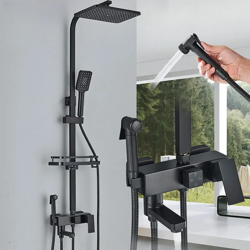 Shower Set Black Faucet 4 Ways Systems Adjustable Mixers Tap Bathe Free Rack Rainfall Modern Bathroom
