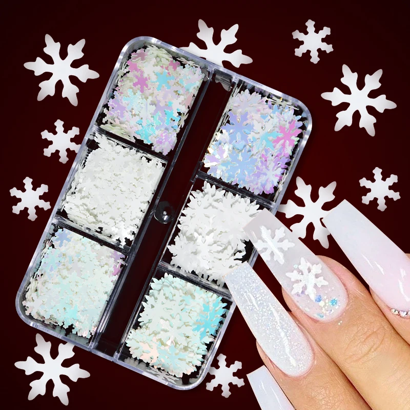 White Snowflake Nail Art Glitter Sequins Holographic Snow Flakes Slices Winter Christmas Nail Art Decorations Xmas Manicure Tips