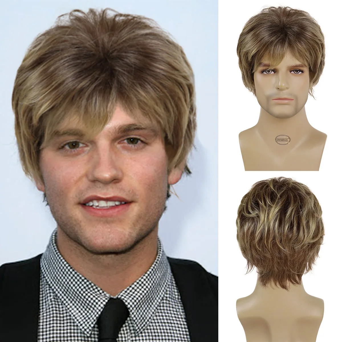 

GNIMEGIL Synthetic Man's Short Wig Trendy Ombre Brown Wig with Bangs Natural Soft Breathable Layered Wig for Male Daily Cosplay