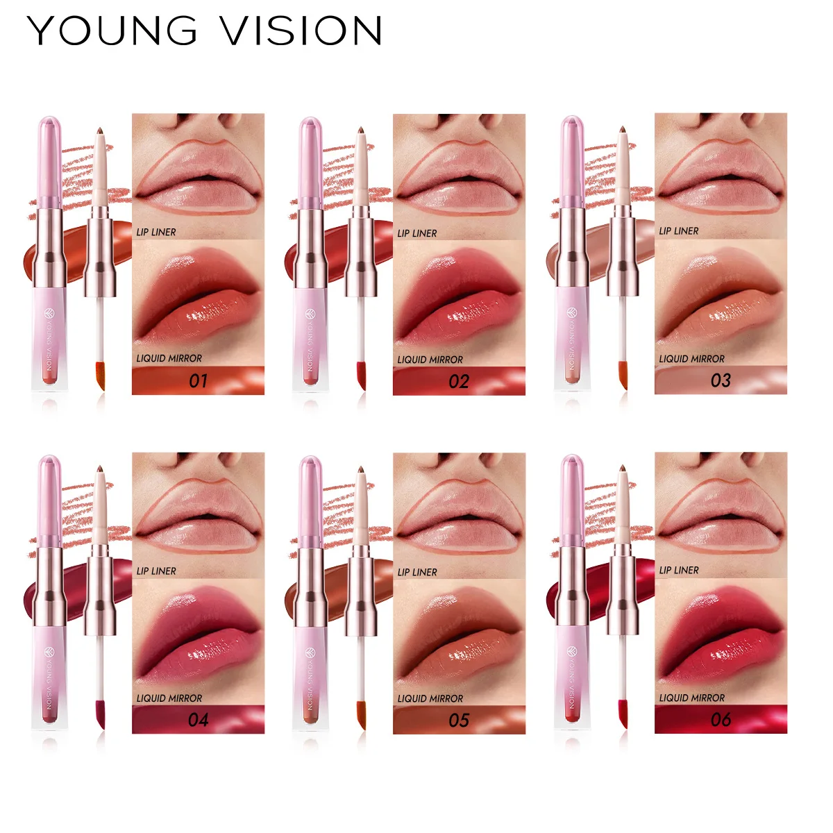 YOUNG VISION 6 Color Double-ended Lip Liner and Lip Gloss Shaping Waterproof to Create Beautiful Lip Makeup