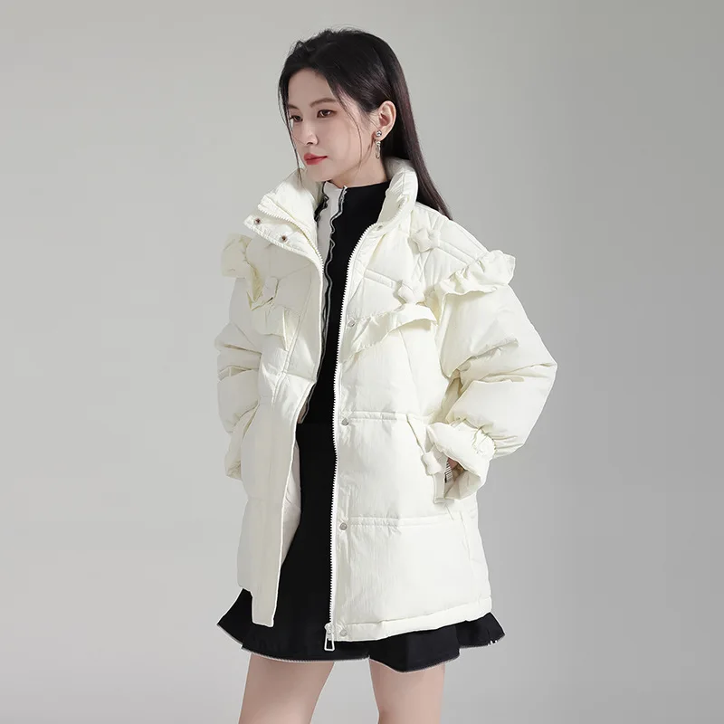 Fungus Edge Down Jacket for Women 2023 Winter White Duck Coats Stand Collar Floral Design Short Clothing Warm Thick Tops Parkas