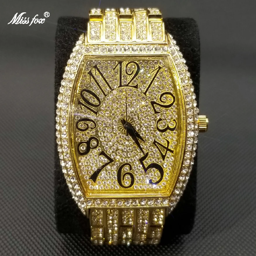 

New Ice Out Relogio Masculino Arabic Numbers Fully Moissanite Quartz Gold Men Watch Luxury Tonneau Big Dial Waterproof Watches