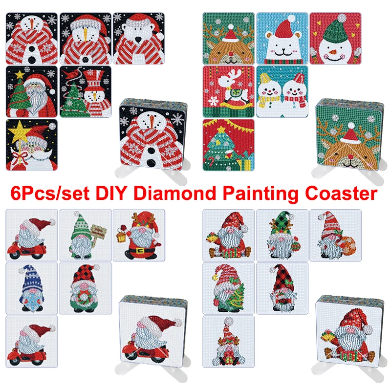 6Pcs DIY Christmas Diamond Painting Coaster Square Cup Mat Pad Cartoon  Gnomes Rhinestones Embroidery Table Placemat Home Decor