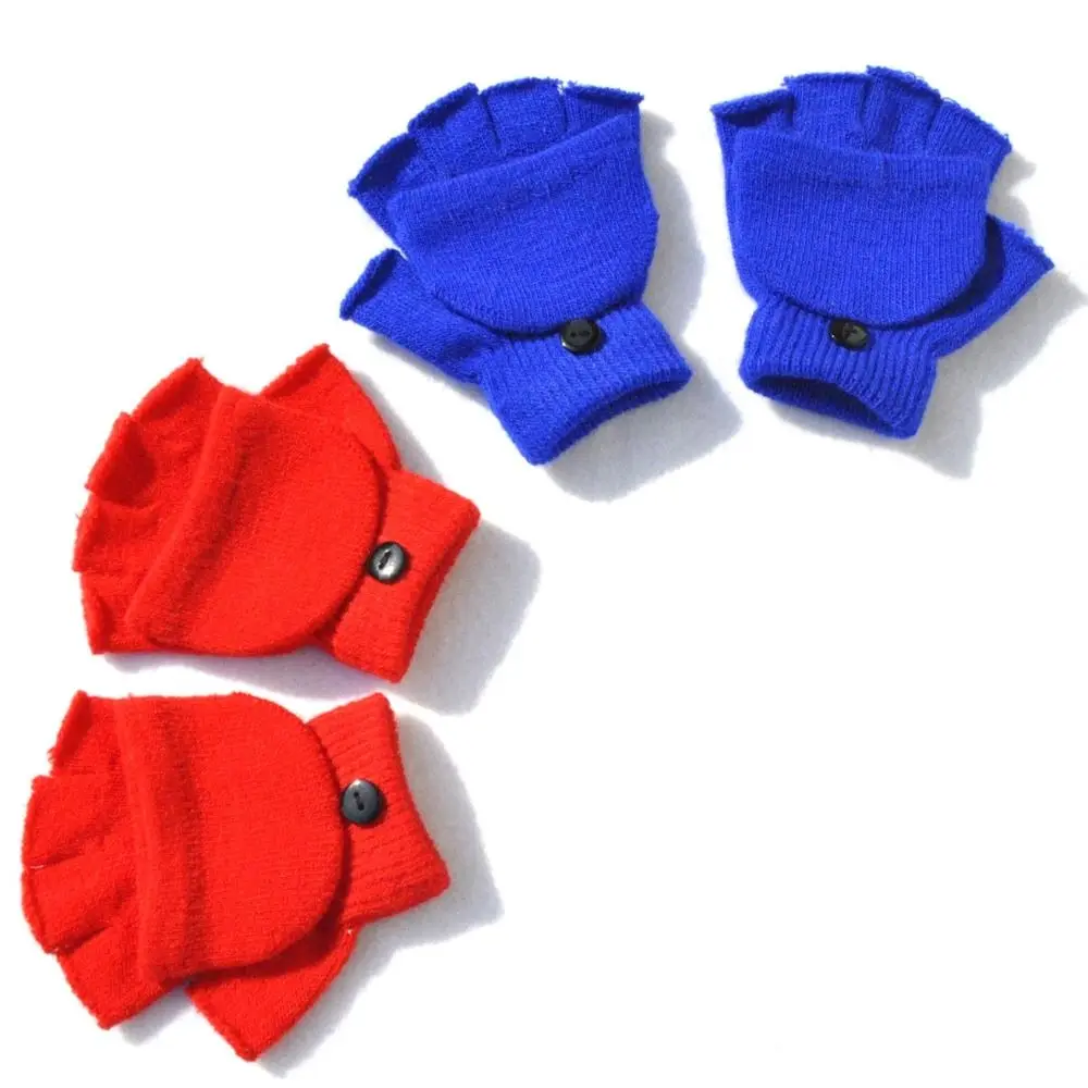 5-11 Years Thicken Kids Knitted Gloves Flip-Open Warm Winter Warm Mittens Plus Velvet Cartoon Fingerless Gloves for Boys Girls