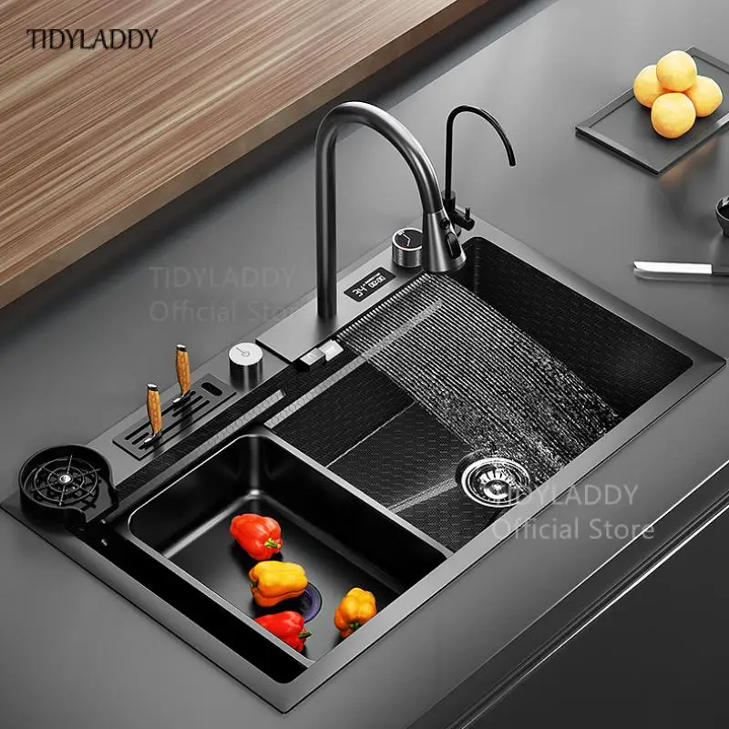 304 Stainless Steel Kitchen Waterfall Sink Digital Display Honeycomb Sink with Multifunction Waterfall Kitchen Accessories