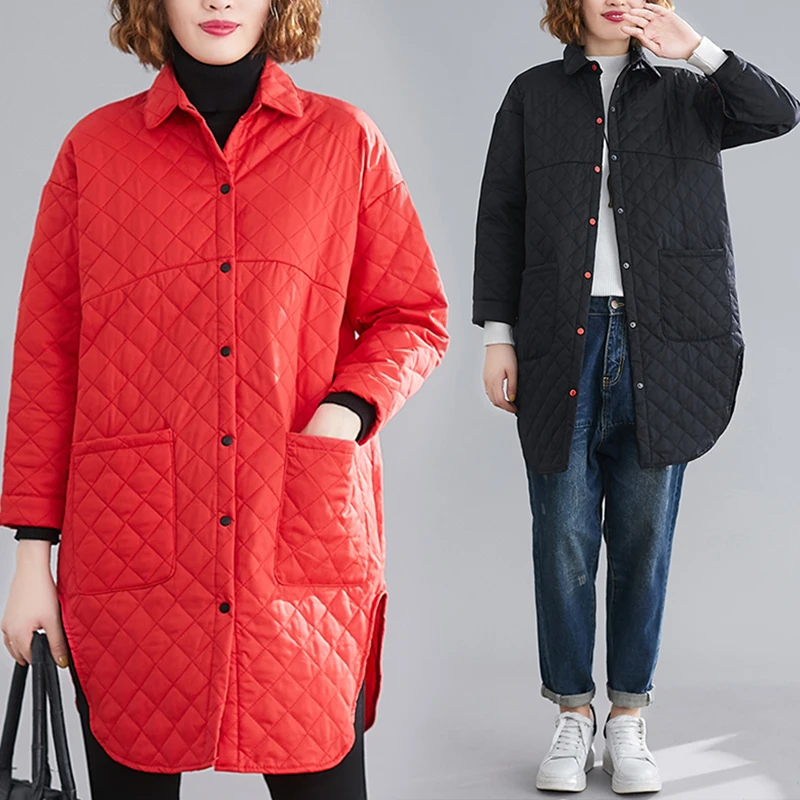 Spring Autumn Oversize Mid-length Irregular New Hem Plaid Quilted Women Fashion Big Pocket Casual Cardigan Cotton Jacket Parkas