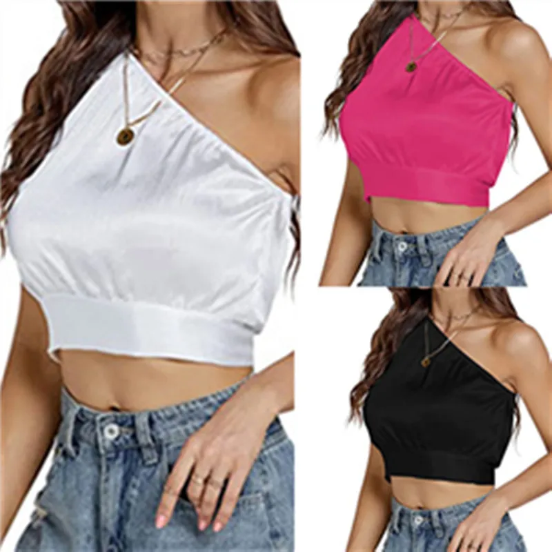 

Women's Satin Sleeveless Back Crop Top, Sexy Top, One Shoulder, Lace Up, Party, Fitting, Camisole, Fashion