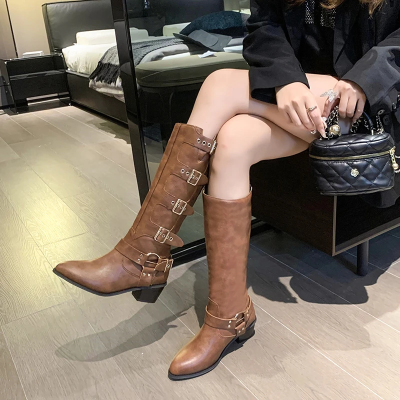 2023 Winter Shoes for Female Belt Slip-on Women's Knee-High Boots Square Heel Pointed Toe Women's Shoes Plus Size Ladies Boots