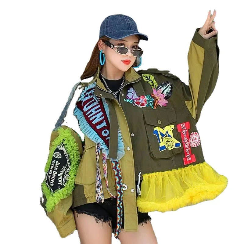 

2022 Unique Tulle Spliced Jean Coat Casual Patchwork Women's Bomber Jacket Autumn Ribbons Coat Oversize Outwear for Woman XC201