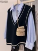 ZANZEA Spring Knitted Basic Shirt Women Sweater Vests Casual V Neck Sleeveless Pullovers Mujer Elegant Patchwork Work Tank Tops