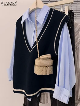 ZANZEA Spring Knitted Basic Shirt Women Sweater Vests Casual V Neck Sleeveless Pullovers Mujer Elegant Patchwork Work Tank Tops
