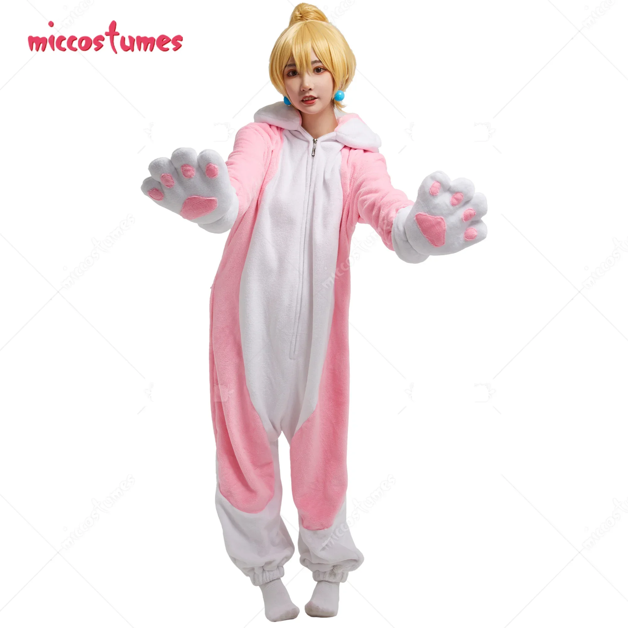 Miccostumes Women Peach Derivative Cat Pink Onesie Pajama Adult Onesie Homewear Kigurumi Hooded Loungewear Costume Outfits cosplay costumes kigurumi pajamas