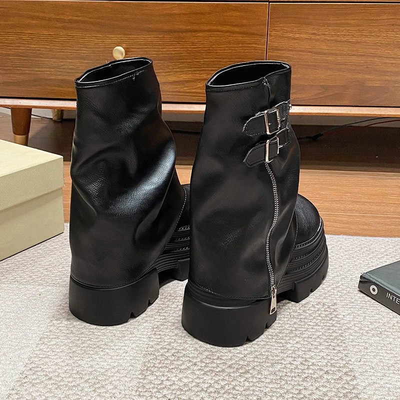 Women High Platform Ankle Boots Autumn Winter Gothic Style Leather