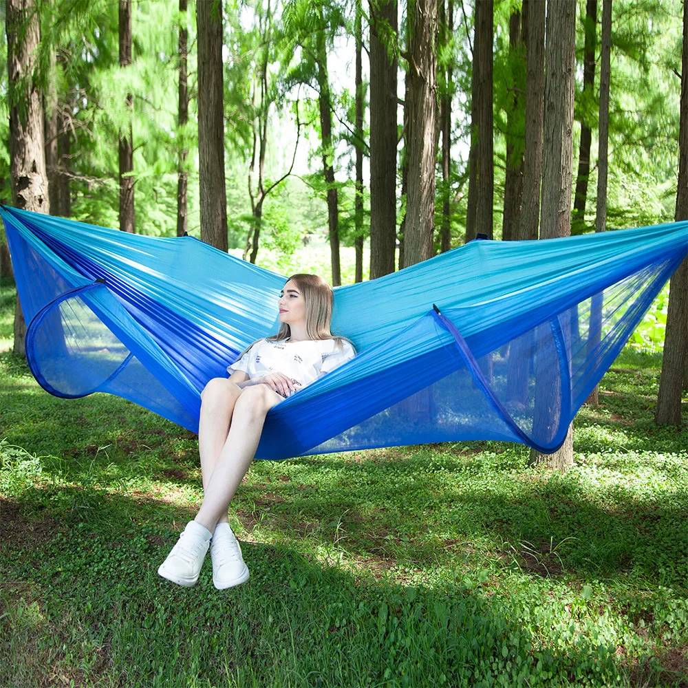 Description Picture 4 of item290*140 Hammock with Anti-mosquito Outdoor Double Nylon Parachute Cloth Camping Mosquito Net Quick Open Hammock Control Hammock