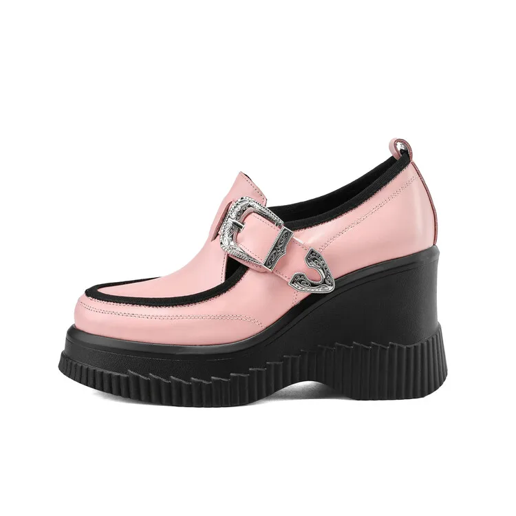 

Punk Style Metal Belt Buckle High Heel Single Shoes Wedge Heel Thick Sole Heightening Muffin Shoes Versatile Women's Shoes