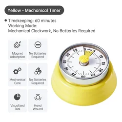 Magnetic Suction Mechanical Kitchen Timer with Visual Countdown and Alarm (Yellow)