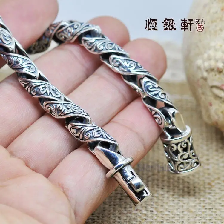 

S925 Silver Jewelry Retro Thai Silver Bracelet Popular Wrist Ornaments Exaggerated Personality Tang Ge-style Fashion Bracelet