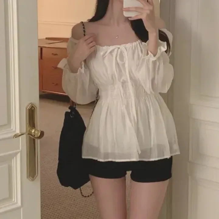 시크한 봄 여름 캐주얼 허리 조절 긴팔 라운드넥 얇은 쉬폰 탑 여성용 주름 허리 섹시 루즈핏 셔츠
