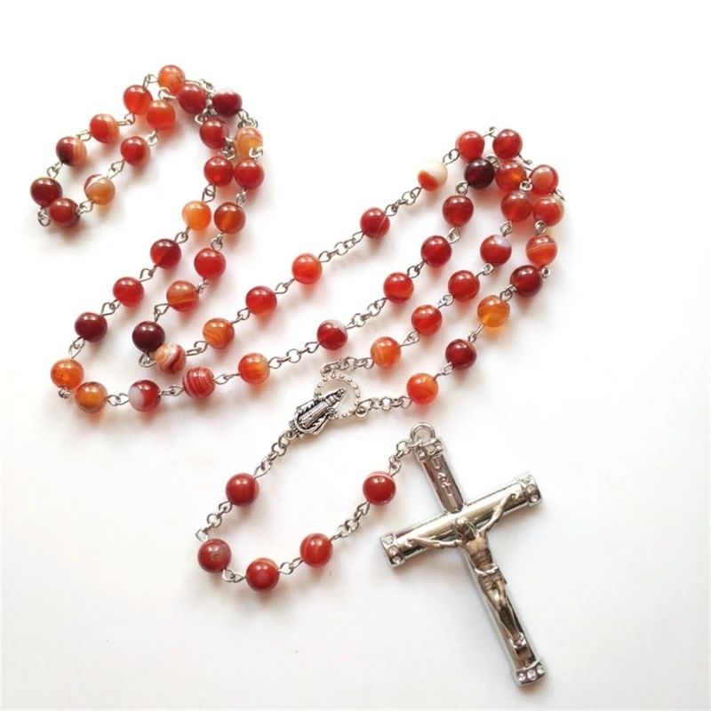 

Vintage Agates Beads Rosary Necklace Crucifix Pendant Women Sweater Chain