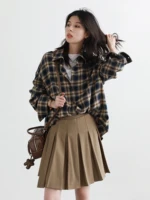 CHIC VEN femmes chemises ample décontracté nouveau ponçage chemise à carreaux à manches longues moyen Long longueur Blouses femmes hauts printemps automne 2025 3