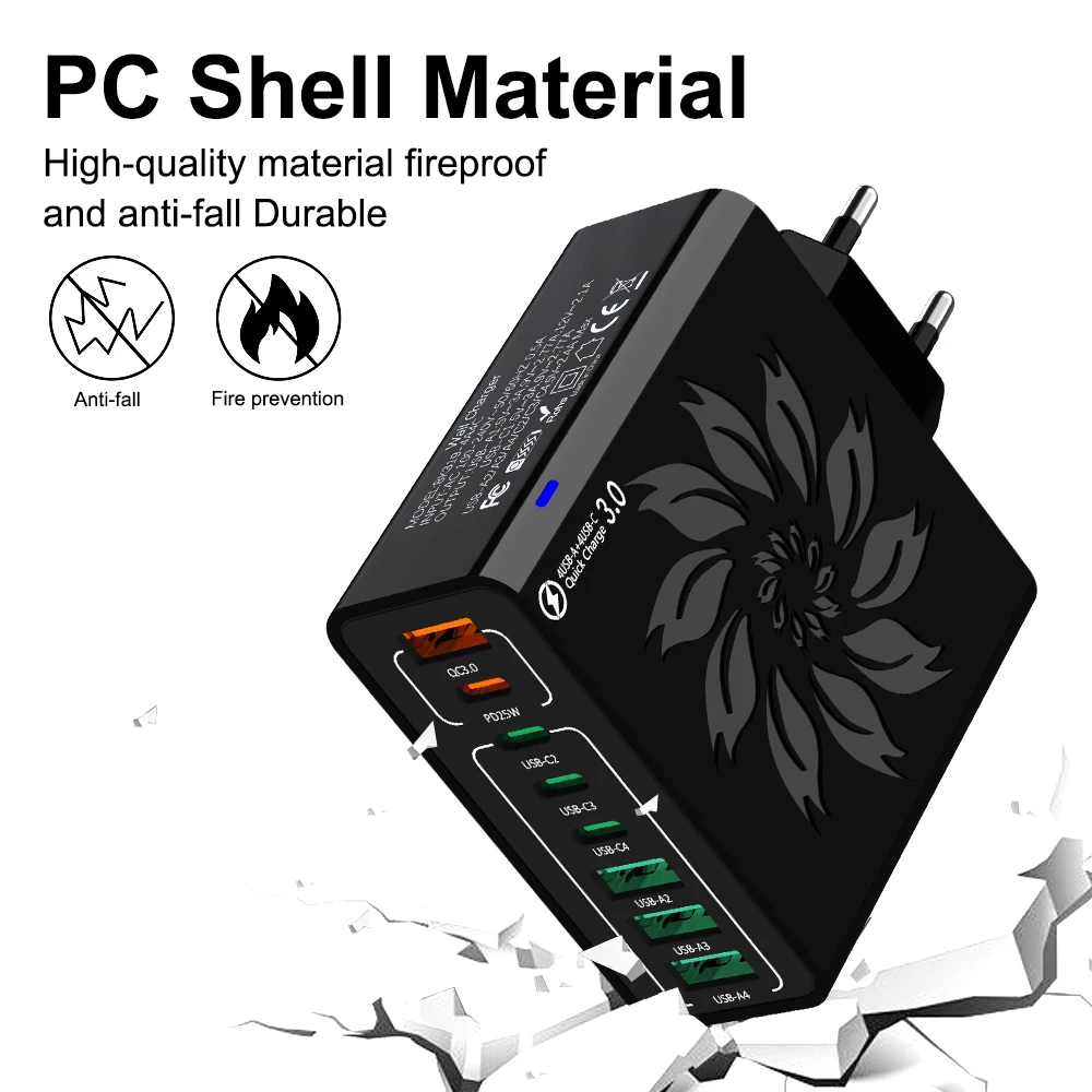 65W USB Charger Fast Charge Multi Ports Power Adapter Type C Fast Charging Charger Quick Charge 3.0 Travel Adapter For Household