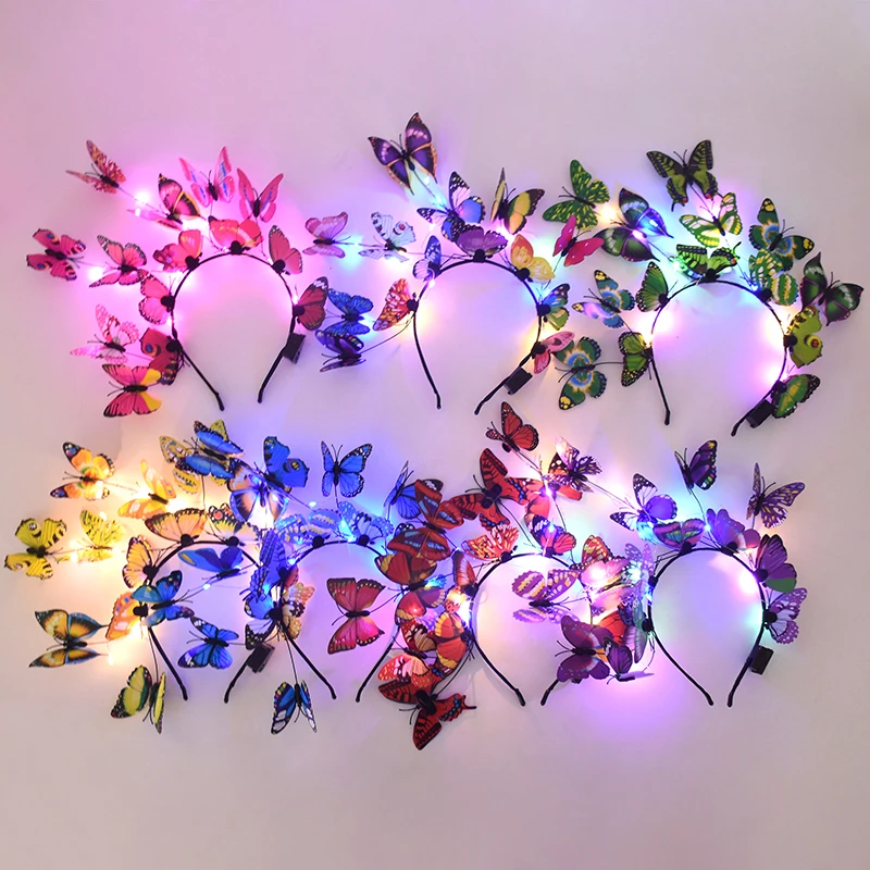 

Color Butterflies Headband Headdress Glowing Hair Accessories Bridal Shower Birthday Wedding Party Girls Hairband with Led Light