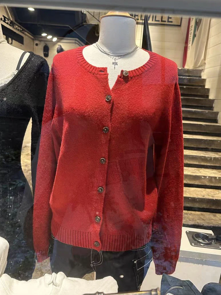 Description Picture 2 of itemNew Red Knitted Sweater Cardigan Autumn Round Neck Single Breasted Cotton Knitwear Casual Vintage Simple Solid Sweaters Coat Y2k