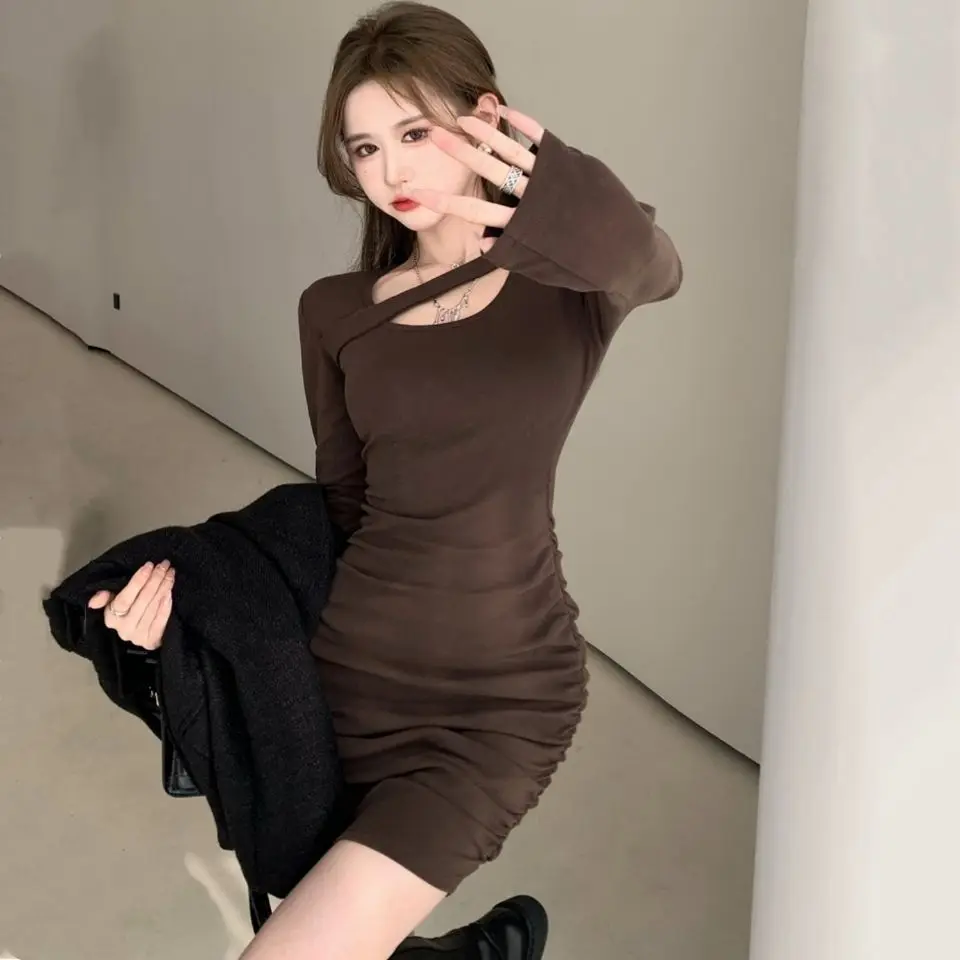 New Long Sleeve Thin Slim Pleated Dresses Off Shoulder Round Neck Fashion Simple A Line Dress Korean Temperament Female Clothes