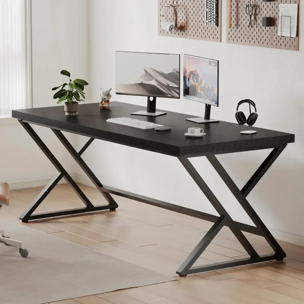 contemporary black desk for adults: spacious industrial office desk with metal and wood, ideal for studying and computing