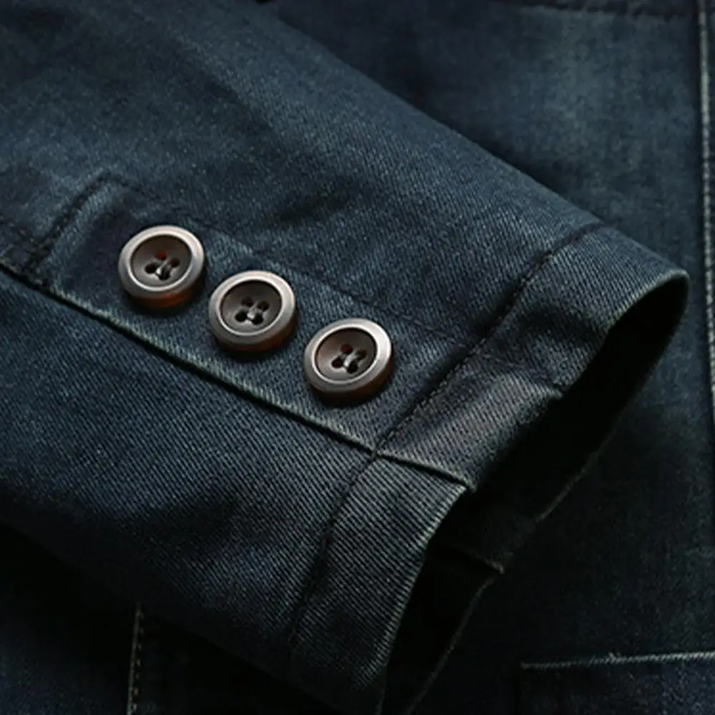 Autumn Men Denim Jacket Solid Color Turndown Collar Single Breasted Men Jeans Blazer Slim Fit Long Sleeves Pockets Suit Coat