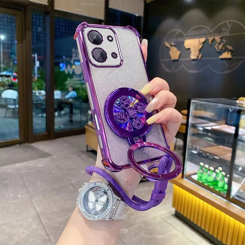 Gradient Glitter Electroplated Phone Case with Hand Strap Holder