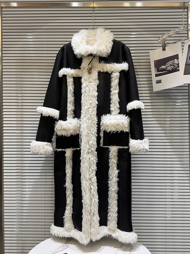 

HIGH STREET Newest 2024 Designer Coat Women's Leather And Fur Integrated Lamb Fur Patchwork Long Leather Windbreaker Coat