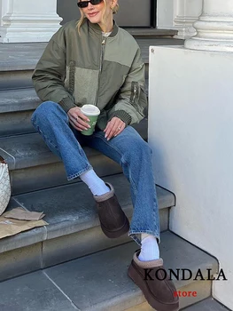 KONDALA Streetwear Armygreen Bomber Jackets Women Patchwork Zipper Pockets Oversized Jackets Fashion 2025 Winter Spring Coats 3