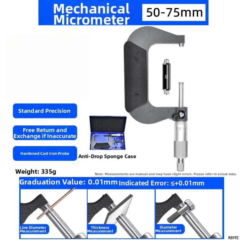 정밀 기계식 마이크로미터 0-100mm, 주철 본체, 래칫 스톱 및 보관함 포함, 작업장 치수 측정용