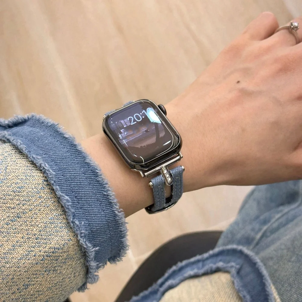 รูปสินค้า สายนาฬิกาผ้า denim วินเทจ สำหรับ Apple Watch ผู้หญิง