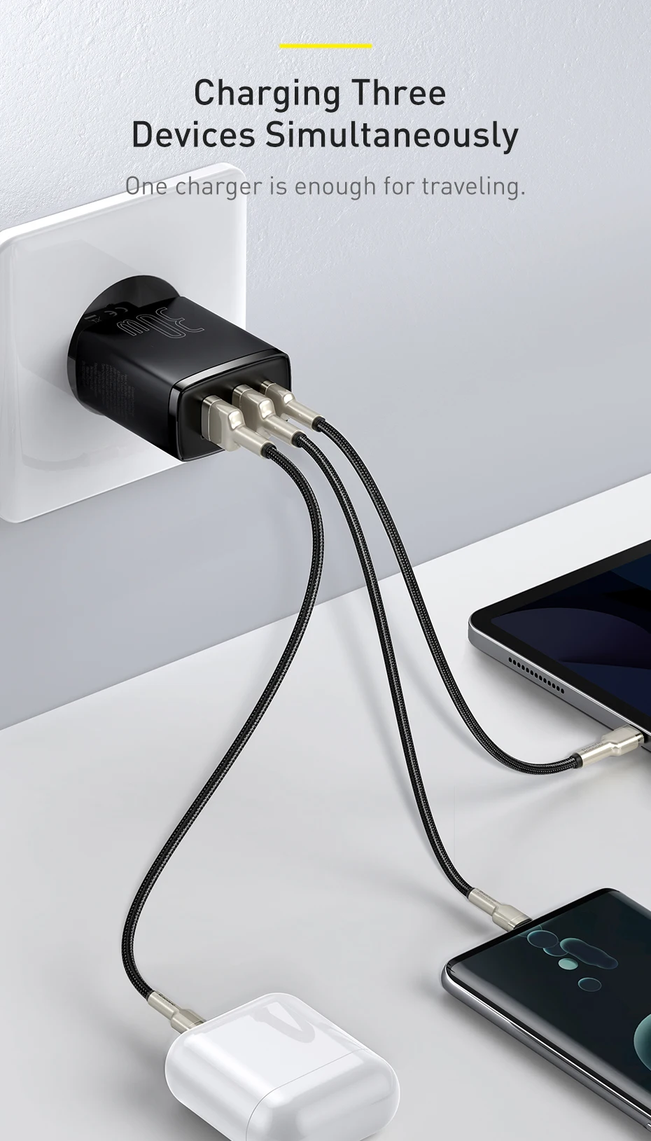 Baseus-cargador USB de 30W, dispositivo de carga rápida QC3.0, PD3.0, tipo C, PD, 3 puertos, para iPhone 14, 13, 12 Pro 