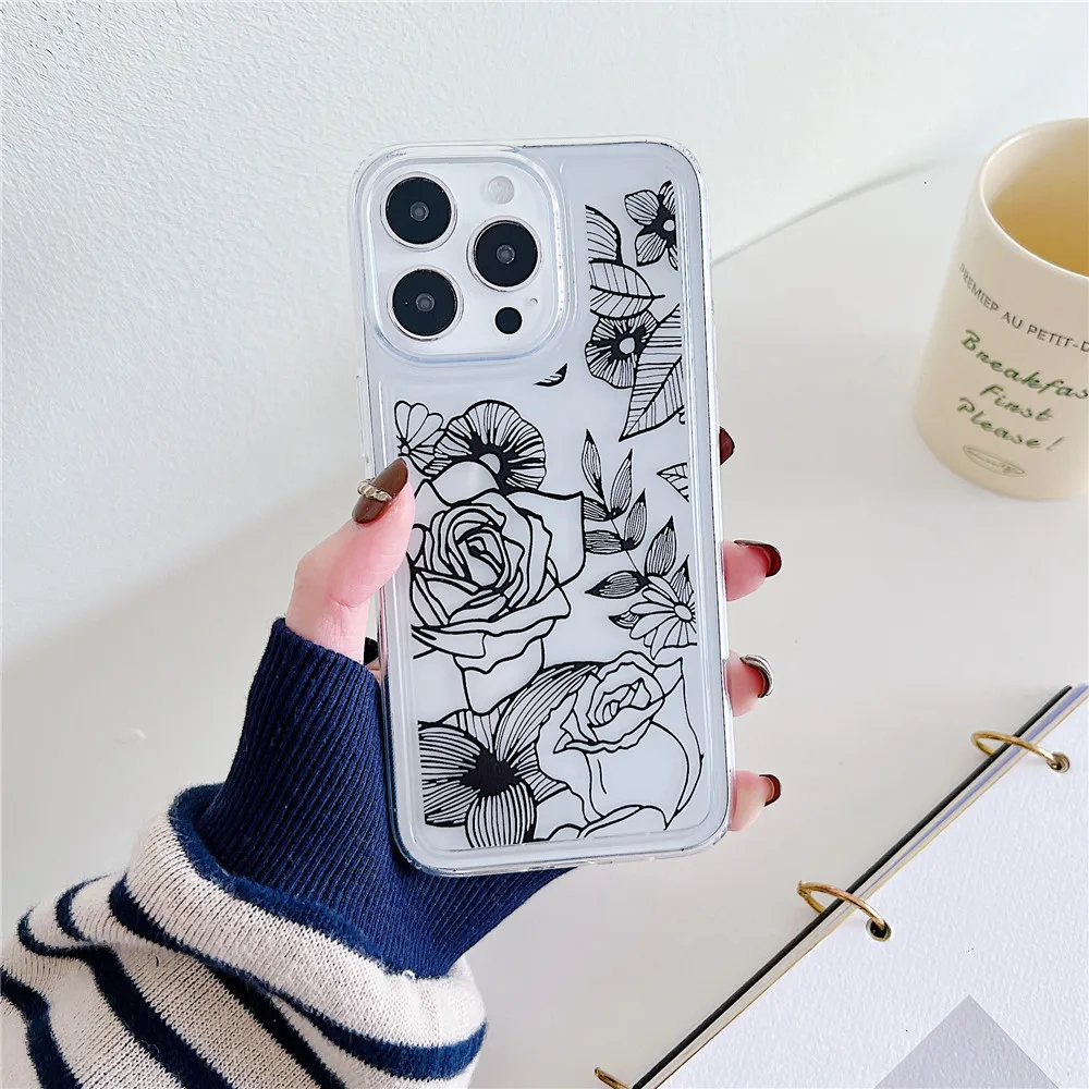 Coque de téléphone à fleurs mignonnes de style coréen INS pour iPhone 15 14 12 13 11 Pro Max 14Plus 15Plus en silicone souple transparent résistant aux chocs_voghion.com