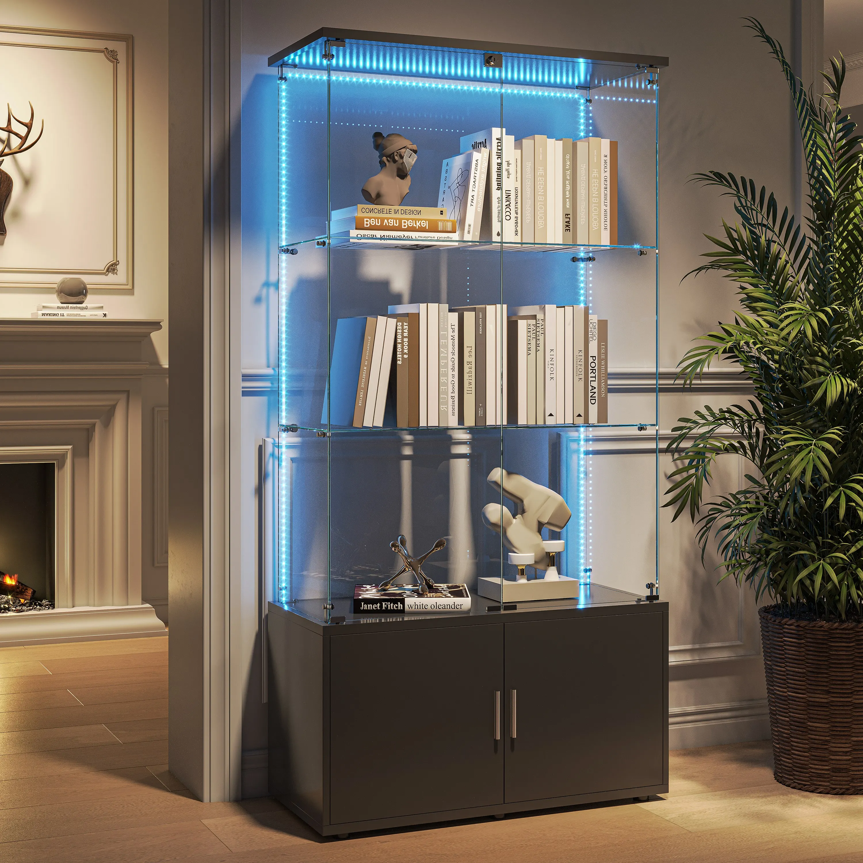 Rosahqnda Glasvitrine mit LED-Beleuchtung, 4 Ebenen & 2 abschließbare Türen, moderner Holzschrank für Sammlervitrinen – Detail 30