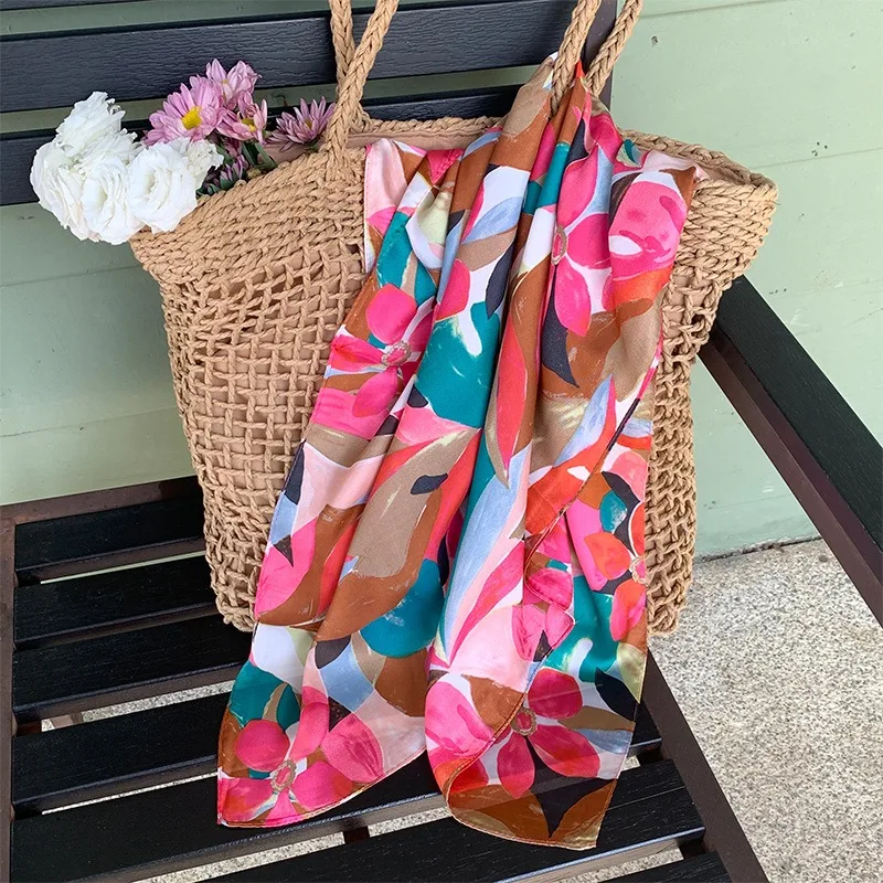 70cm Colorful Graffiti Silk Scarf Flowers and Leaves Square Scarfs Women's Trendy Versatile Clothing and Bag Decorative Scarf 5