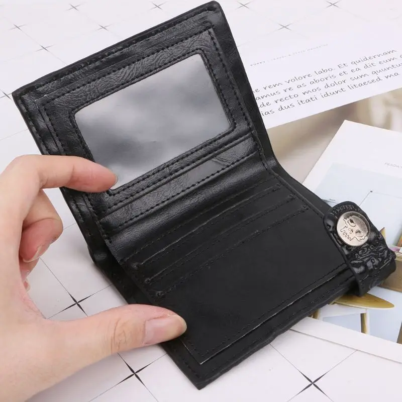 Vintage Skull Leather Wallet With Anti Theft Chain Men Bifold  Credit Card Ho E74B
